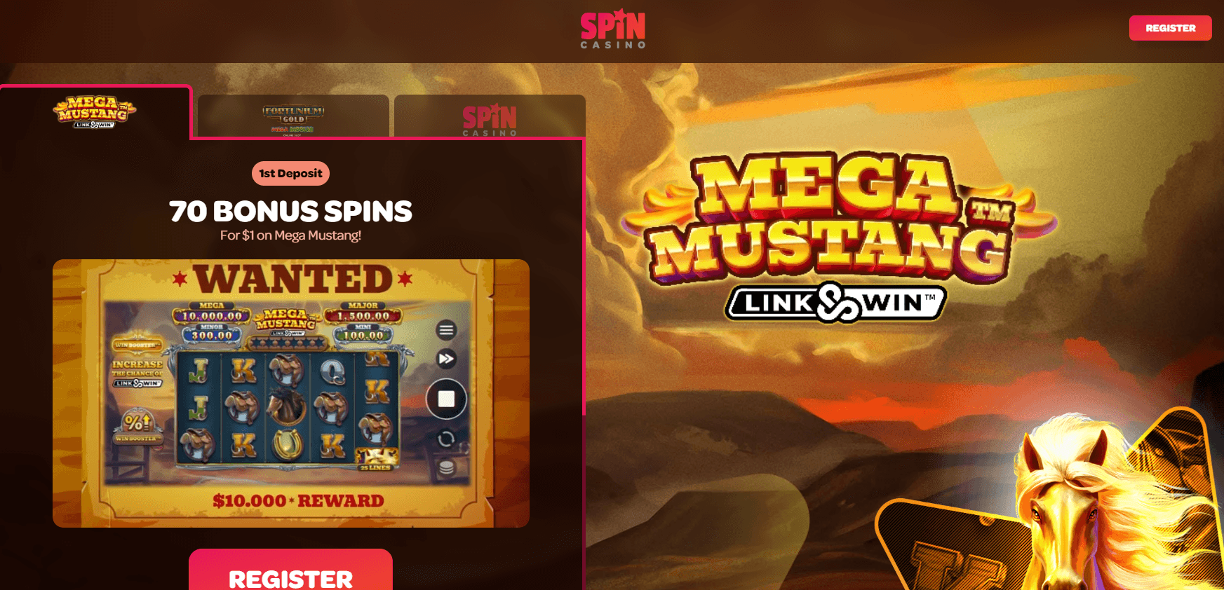 Spin Casino 70 Free Spin for just $1 deposit on Mega Mustang offer