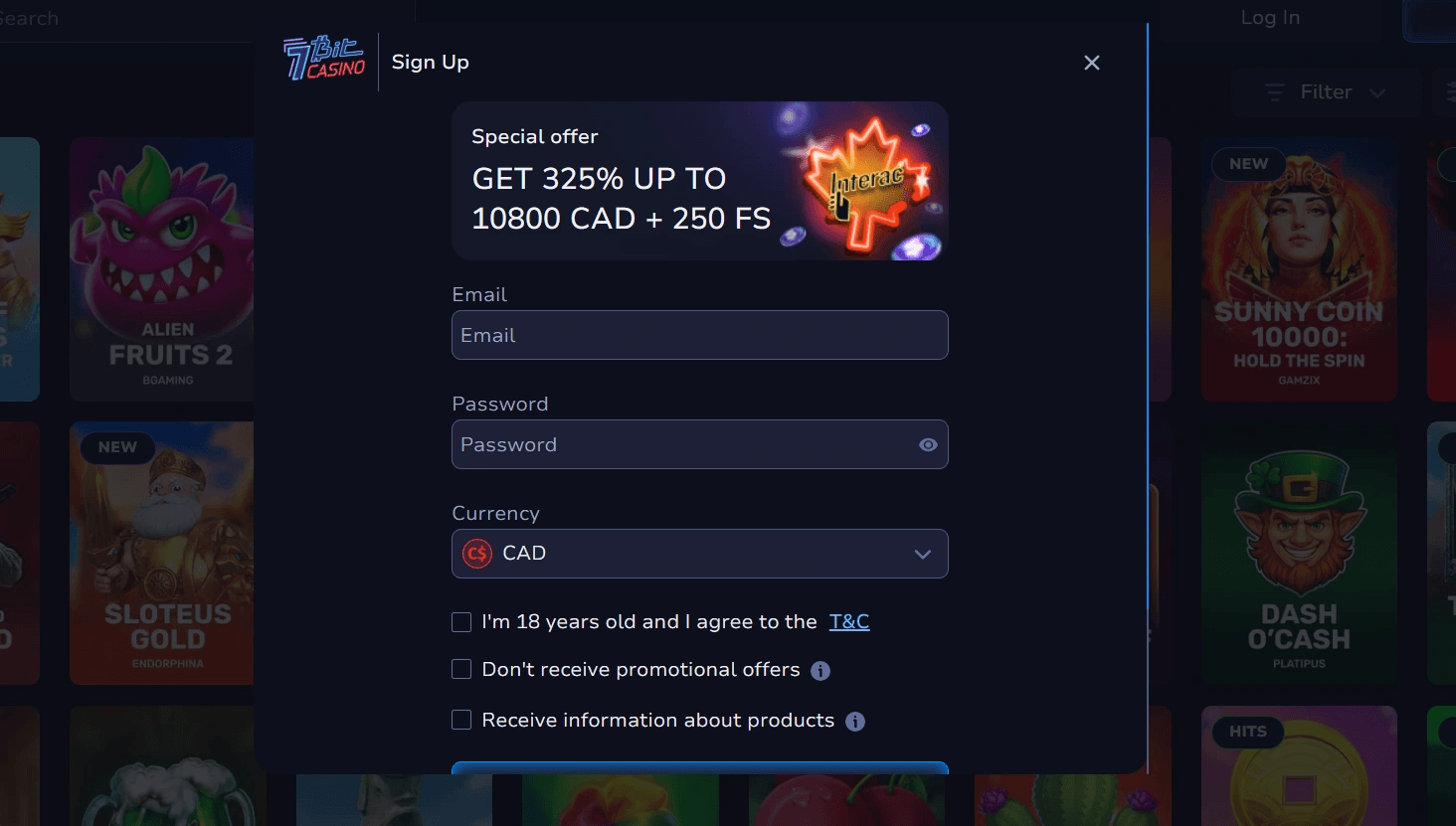 7Bit Casino Canada sign-up form with welcome bonus up to 10800 CAD and 250 free spins