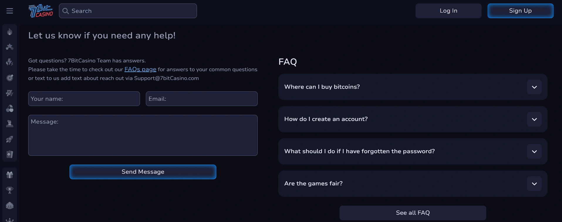 7Bit Casino Canada payment methods including Interac, Visa, Mastercard, MiFinity, Bitcoin, and Neosurf