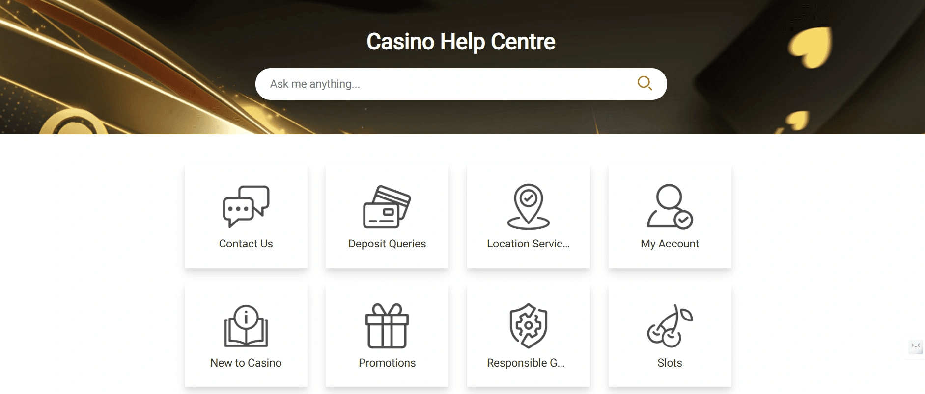 Jackpot City Casino Help Centre menu with icons for support, deposits, promotions, and responsible gaming
