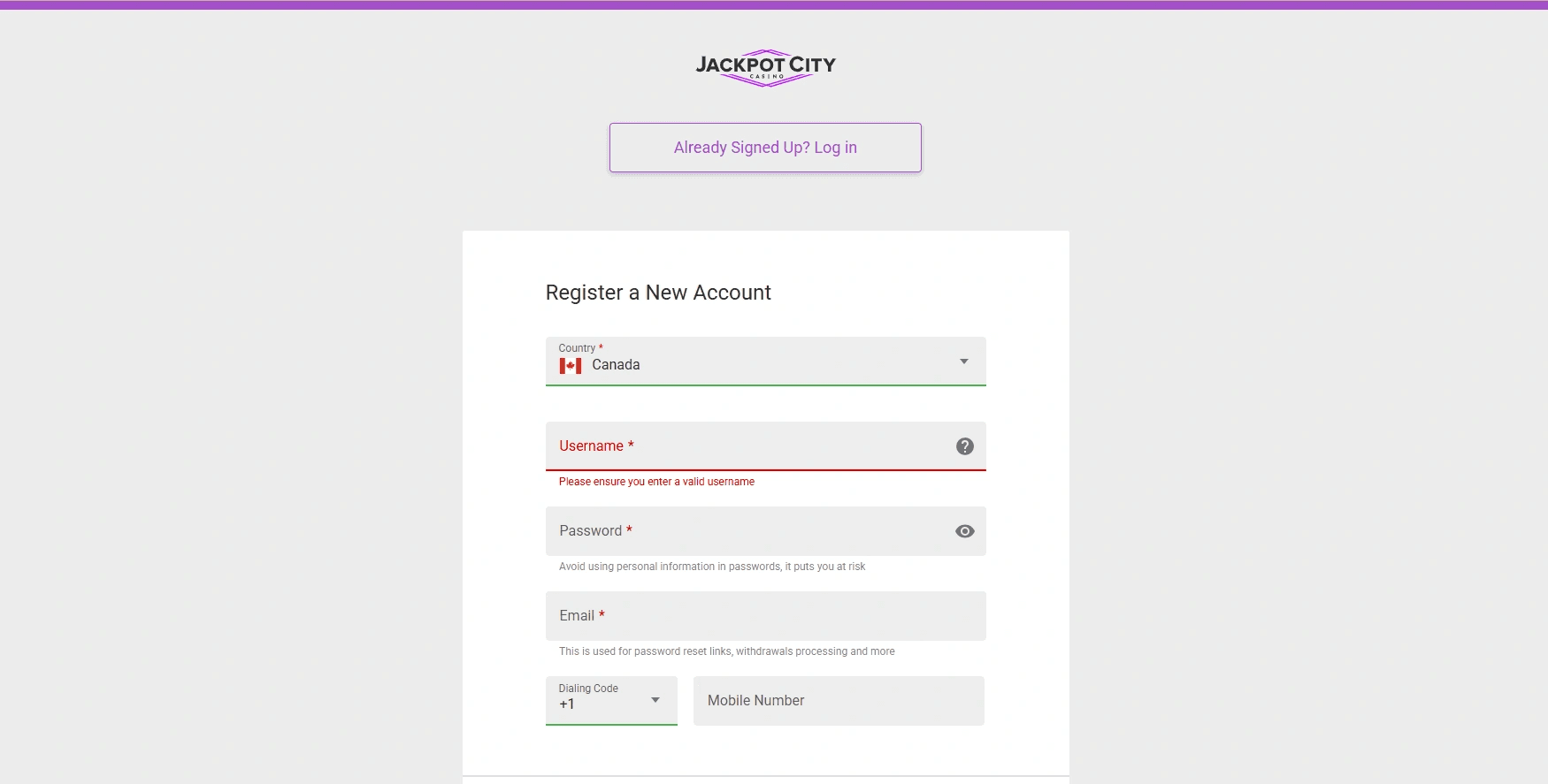 Jackpot City Casino sign up form for Canadian players with fields for country, username, password, email, and mobile number