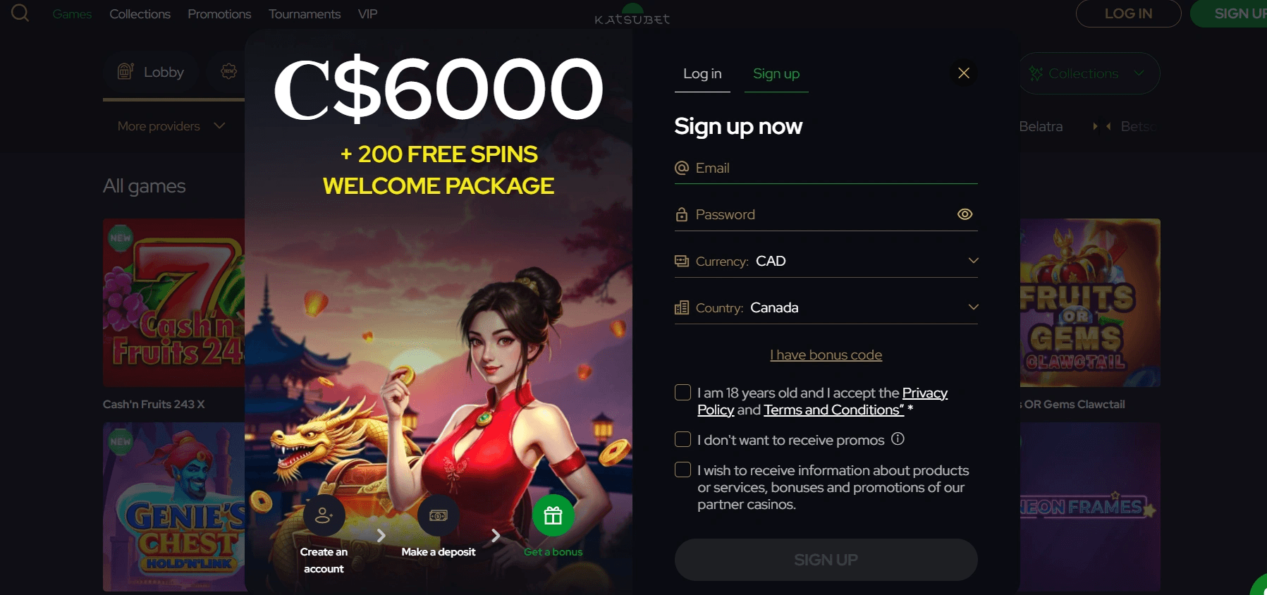 KatsuBet Casino Canada sign up screen with C$6000 bonus and 200 free spins welcome package