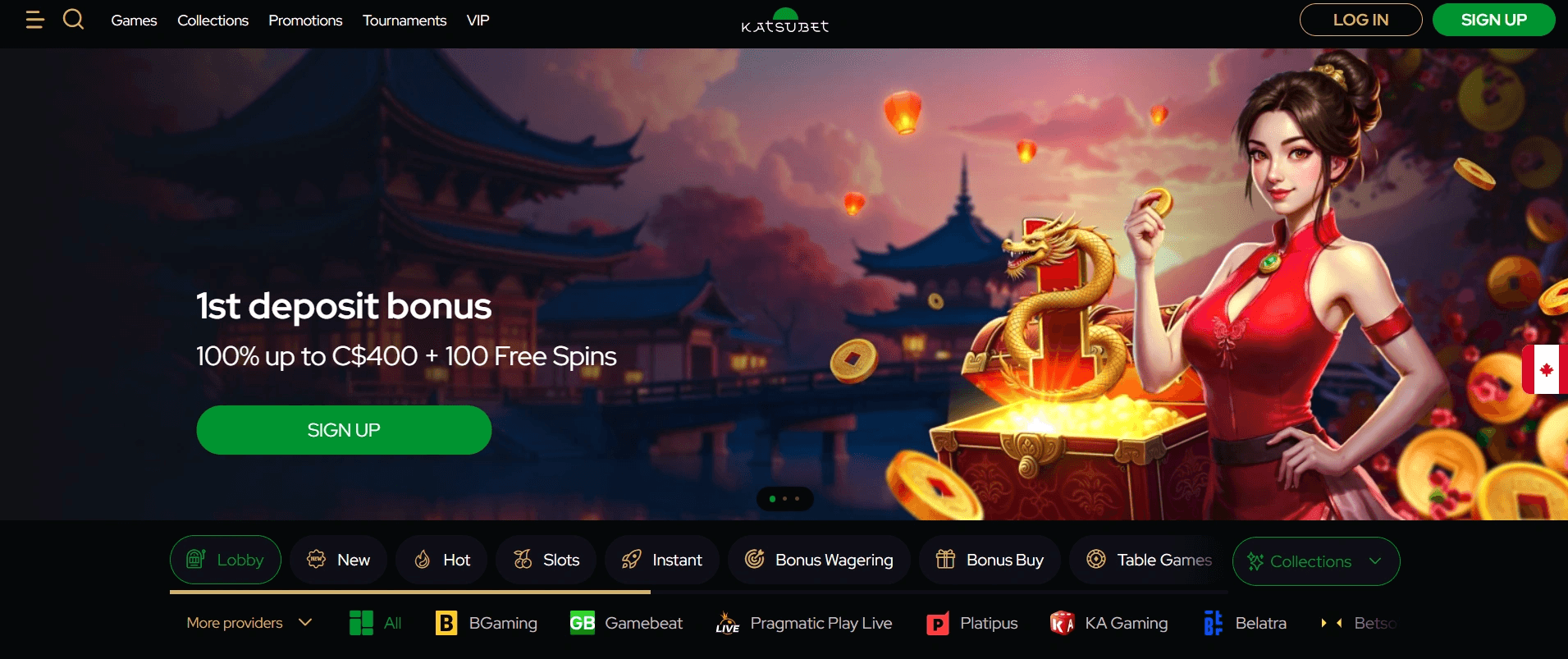 KatsuBet Casino homepage showing 1st deposit bonus of 100 percent up to C$400 and 100 free spins for Canadian players