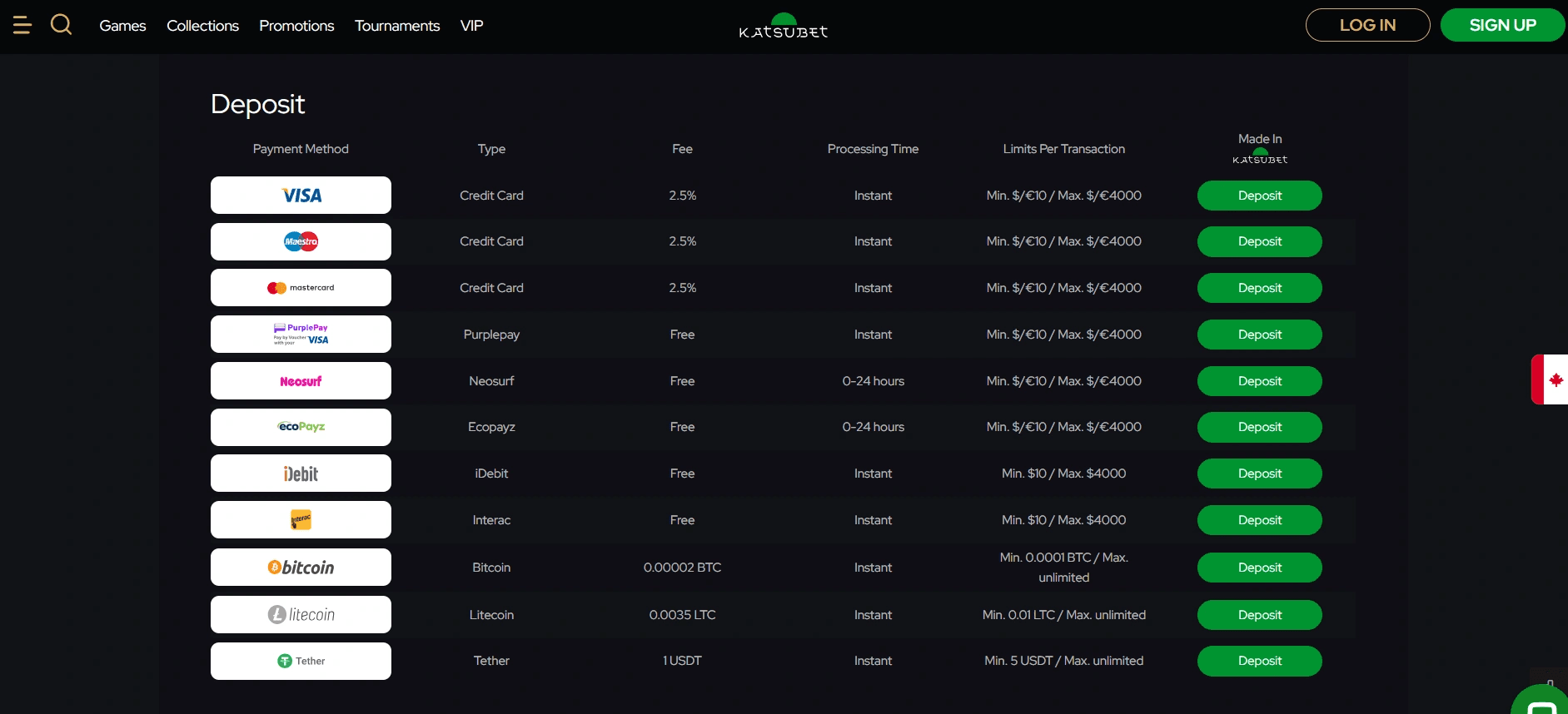 KatsuBet Casino deposit page listing Visa Mastercard Interac iDebit Neosurf ecoPayz Bitcoin Litecoin and Tether payment methods