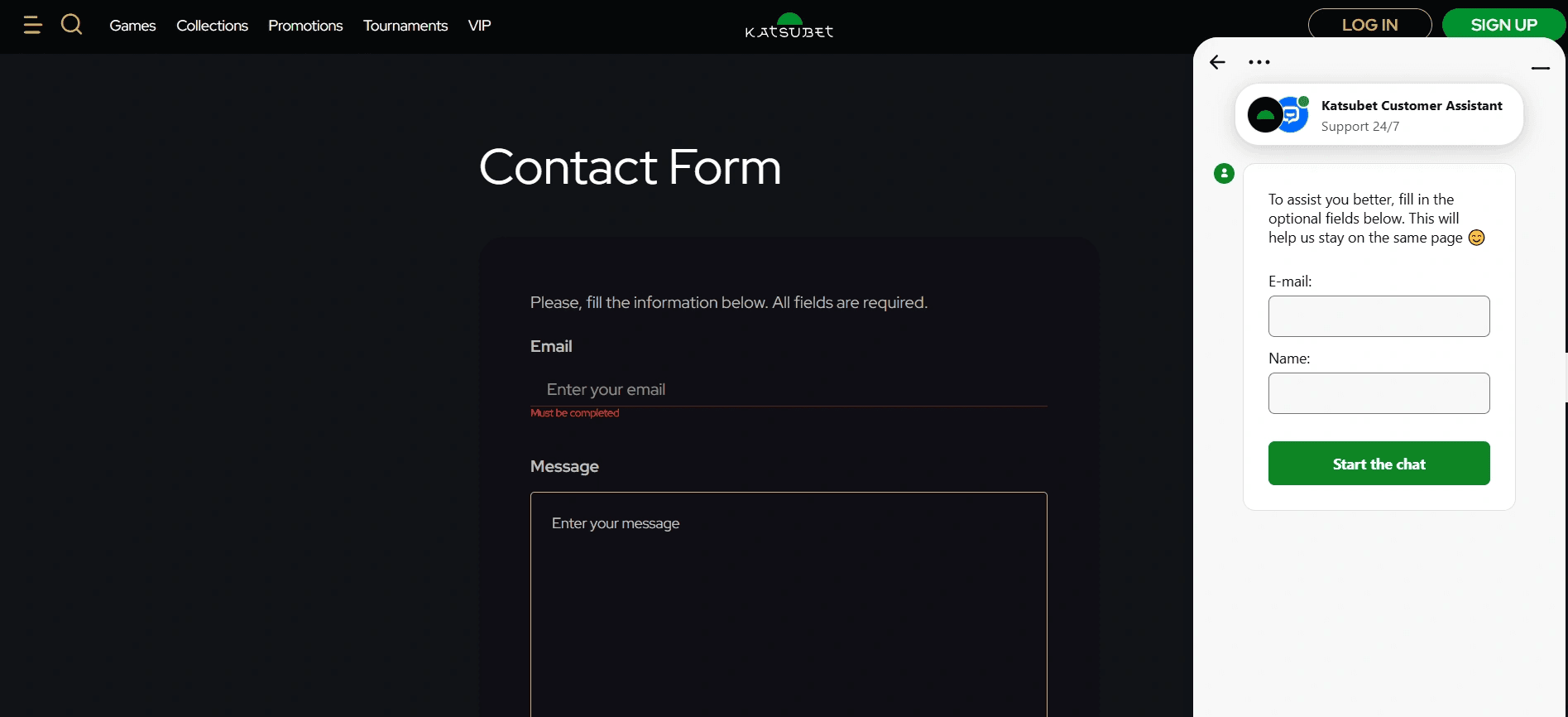KatsuBet Casino contact form with 24 7 live chat window for customer support